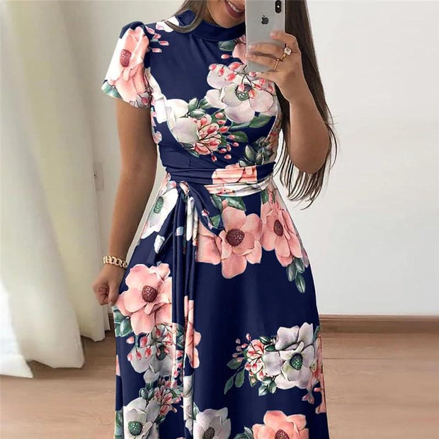 Corachic.com - Long Maxi Dress Floral Print Boho Style Beach Dress Casual Short Sleeve Bandage Dress - Dresses