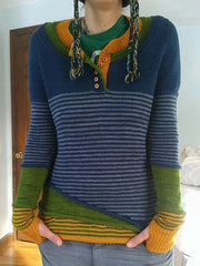 Striped Buttoned Color-block Knitted Sweater