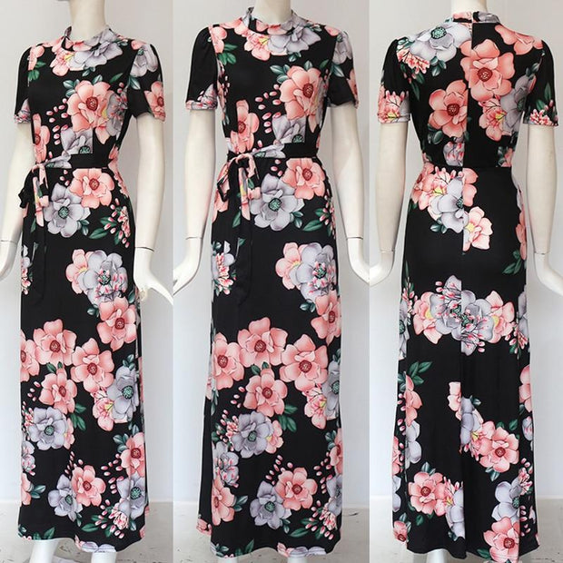 Corachic.com - Long Maxi Dress Floral Print Boho Style Beach Dress Casual Short Sleeve Bandage Dress - Dresses